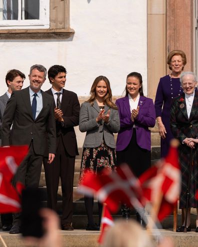 Count Nikolai and Count Felix of Monpezat with the Danish royal family at Fredensborg Palace on Queen Margrethe II's 85th birthday on April 16, 2025.