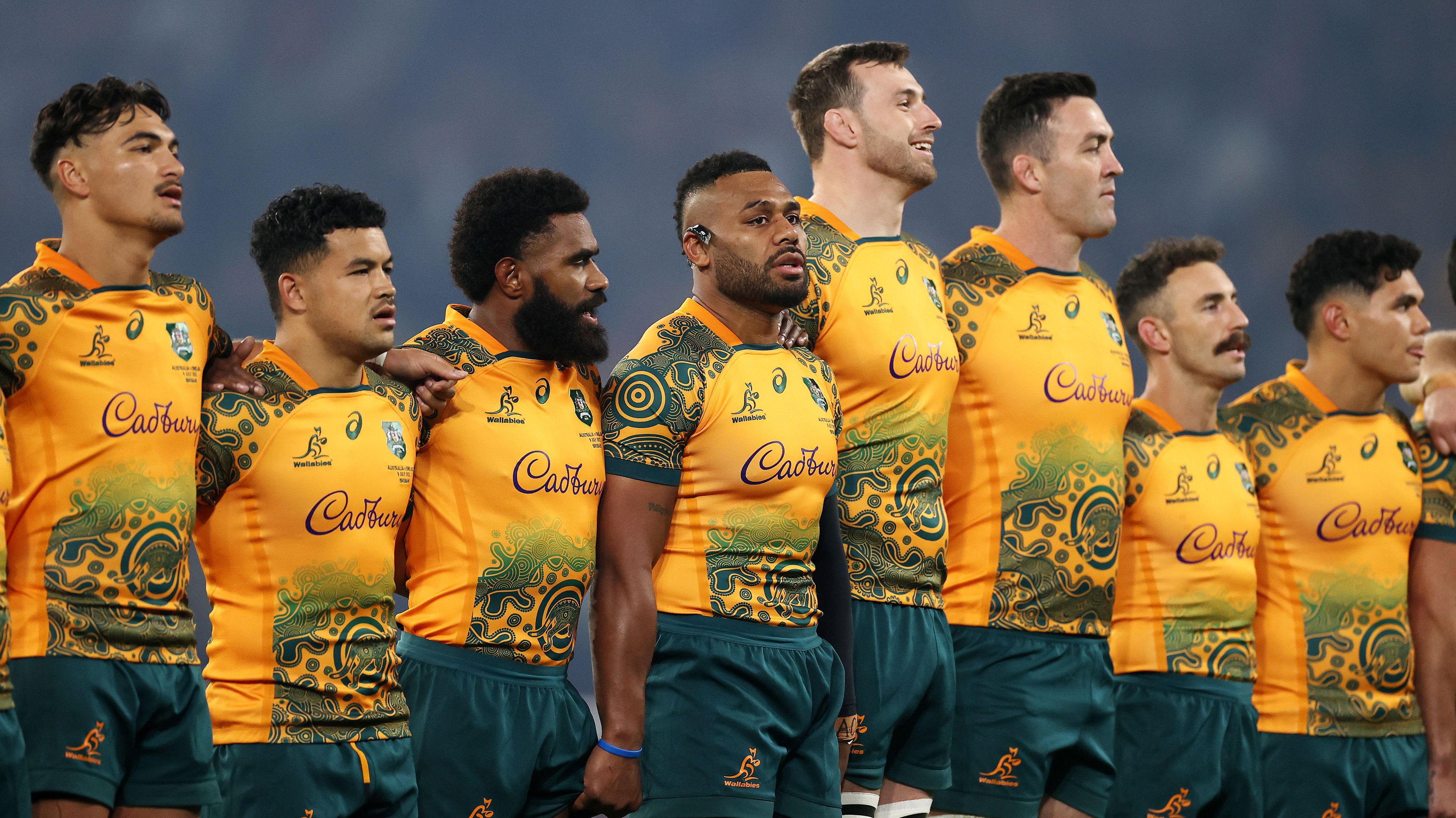 The Wallabies sing the national anthem. 