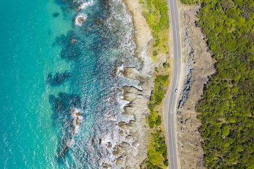 Top down aerial view of Great Ocean Road in Australia
