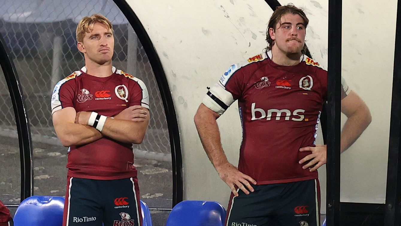 Queensland Reds Tate McDermott and Fraser McReight after being sent off in Whangarei.