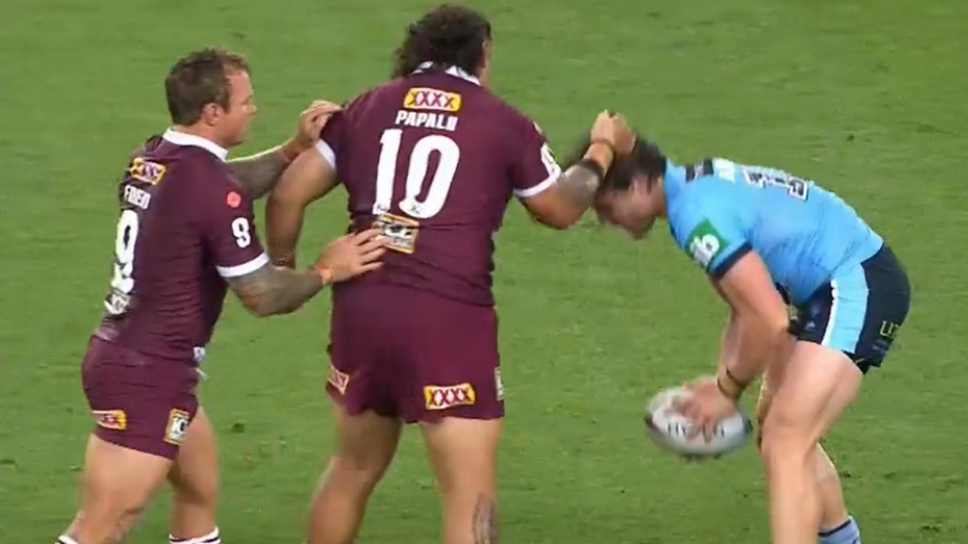 Josh Papalii pulls Angus Crichton&#x27;s hair during Game Two