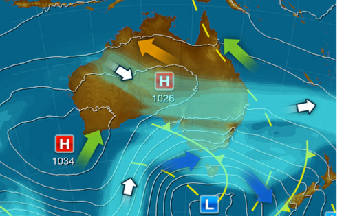 In Victoria, the cold front is embedding a strong westerly airflow that will pass over the state from Tasmania today.