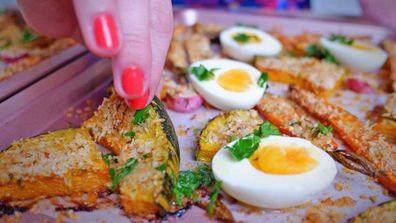 Crusty roast veggies and soft boiled eggs tray