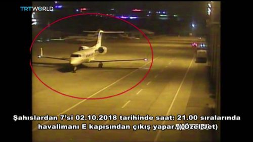 CCTV video shows a private jet alleged to have ferried in a group of Saudi men suspected of being involved in Saudi journalist Jamal Khashoggi's disappearance.