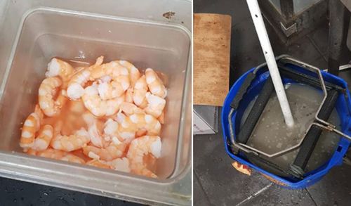 Prawns in an open container and a mop left in rancid water.