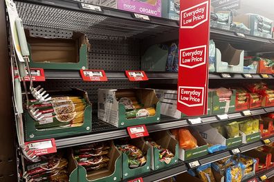 budget purchases for pasta and sardines in supermarkets that are sold out in the cost of living crisis