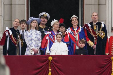 (left to right) the Duke of Edinburgh, the Earl of Wessex, Lady Louise Windsor, Vice Admiral Sir Tim Laurence ,the Duchess of Edinburgh, the Princess Royal, Princess Charlotte, the Princess of Wales, Prince Louis, the Prince of Wales on the balcony of Buckingham Palace, London, to view a flypast by aircraft from the Royal Navy, Army Air Corps and Royal Air Force - including the Red Arrows, following their coronation. Picture date: Saturday May 6, 2023. (Photo by Owen Humphreys/PA Images via Gett