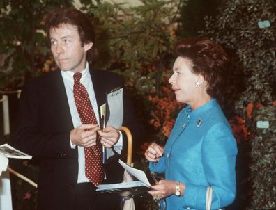 Princess Margaret meets up with ex boyfriend Roddy Llewellyn at the Chelsea Flower Show in May 1980 in London, England.