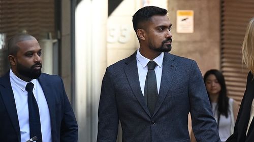 Sri Lankan cricketer Danushka Gunathilaka (centre) accused of sexually assaulting a woman in Sydney in November 2022, arrives at Downing Centre District Court to face a judge-alone trial. September 18, 2023. Photo: Kate Geraghty