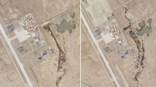 Two satellite photos of the Ngari Günsa civil-military airport base taken on April 1, left, and May 17 show a growing military presence near the Indian border