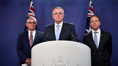 Scott Morrison with Minister for Aged Care Ken Wyatt (left) and Minister for Health Greg Hunt (right).