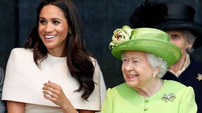  Meghan, Duchess of Sussex and Queen Elizabeth II attend a ceremony to open the new Mersey Gateway Bridge on June 14, 2018 in Widnes, England