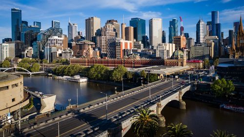 An aerial view of the normally busy Princes Bridge that crosses the Yarra River and forms a gateway into Melbourne.