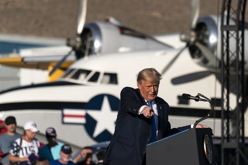 President Donald Trump speaks at a campaign rally at Carson City Airport