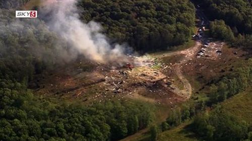 A screengrab from an aerial video showing damage from the explosion at Accurate Energetic Systems, LLC, on the border of Hickman and Humphreys Counties in Tennessee on October 10.