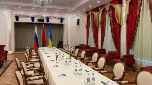 The table ready for planned peace talks between Russia and Ukraine in Belarus, tweeted by the Belarus Foreign Minister.