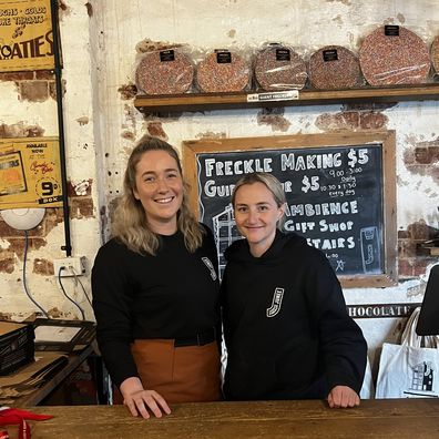 Abby Duncan and Rhiannon Druce at the Junee Licorice and Chocolate Factory.
