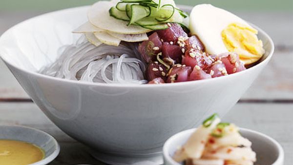 Dang myun noodles with raw tuna and kimchi daikon