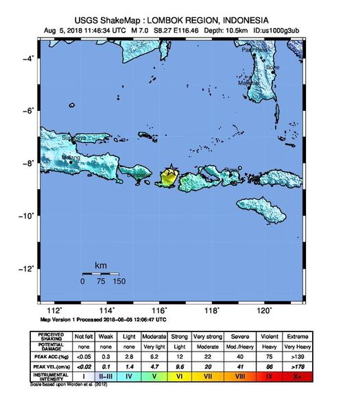 An intensity map of the 7.0-magnitude earthquake on the Lombok island. Picture: USGS