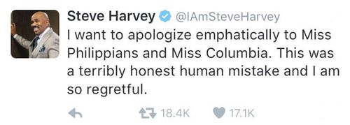 Miss Universe host Steve Harvey tweeted an apology, but spelled Philippines and Colombia wrong. It was retweeted more than 18,000 times before it was deleted. (Twitter)