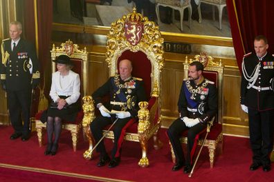 Queen Sonja of Norway, King Harald V of Norway and Prince Haakon of Norway in 2012.