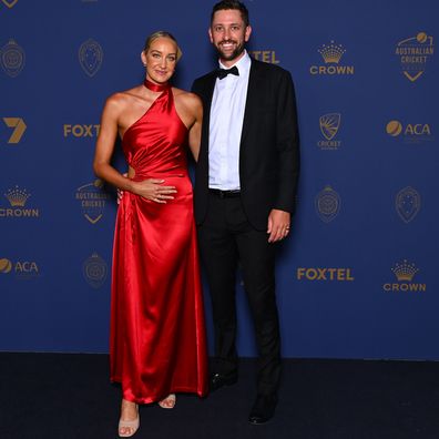 MELBOURNE, AUSTRALIA - JANUARY 31: Matthew Short and Madison Wilson arrive ahead of the 2024 Cricket Australia Awards at Crown Palladium on January 31, 2024 in Melbourne, Australia. (Photo by Morgan Hancock/Getty Images for Cricket Australia)