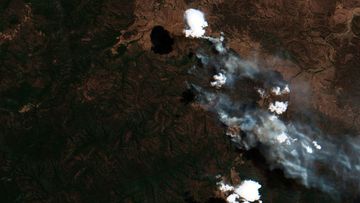 A satellite image of the fire at Willi Willi National Park and Boonanghi Nature Reserve, near Kempsey, NSW.