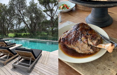 Bangalay Luxury Villas, Shoalhaven Heads: resort pool for guests and lamb leg from the restaurant