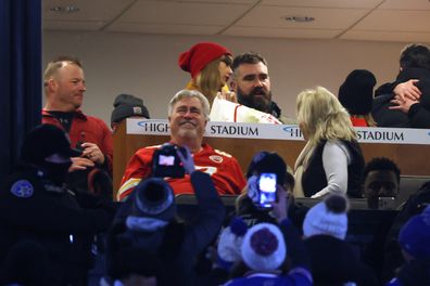 Taylor Swift and Jason Kelce of the Philadelphia Eagles prior to the AFC Divisional Playoff between the Kansas City Chiefs and the Buffalo Bills game at Highmark Stadium on January 21, 2024 in Orchard Park, New York. (Photo by Al Bello/Getty Images)