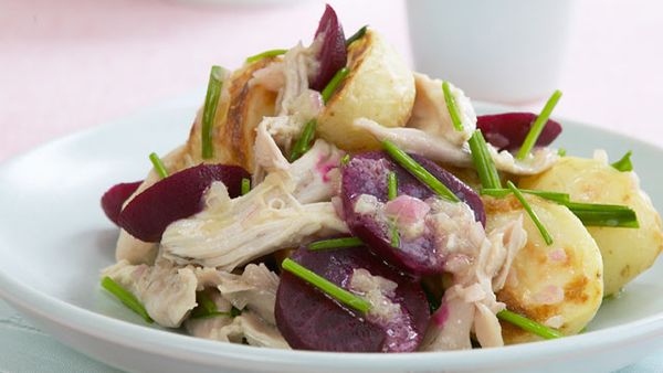 Warm potato, beetroot and chicken salad