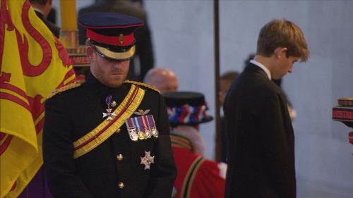 Prince Harry and cousin James, Viscount Severn standing vigil around his grandmother's coffin inside Westminster Hall