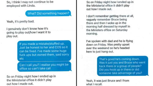 These text messages between Brittany Higgins and a friend discuss the alleged assault.