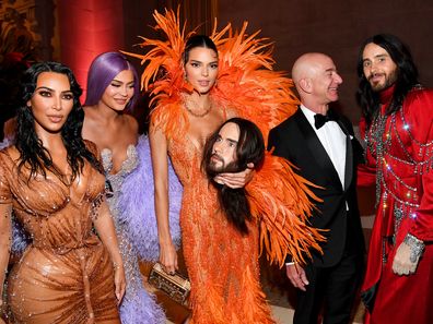 NEW YORK, NEW YORK - MAY 06:  (EXCLUSIVE COVERAGE) (L-R) Kim Kardashian West, Kylie Jenner, Kendall Jenner, Jeff Bezos and Jared Leto attend The 2019 Met Gala Celebrating Camp: Notes on Fashion at Metropolitan Museum of Art on May 06, 2019 in New York City. (Photo by Kevin Mazur/MG19/Getty Images for The Met Museum/Vogue)