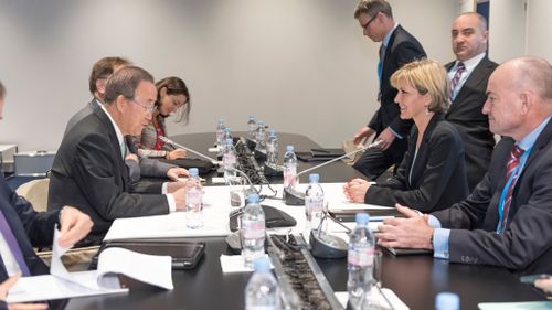 Foreign Minister Julie Bishop meets with Ban Ki-moon, UN Secretary General at the COP21 in Paris. (AAP)