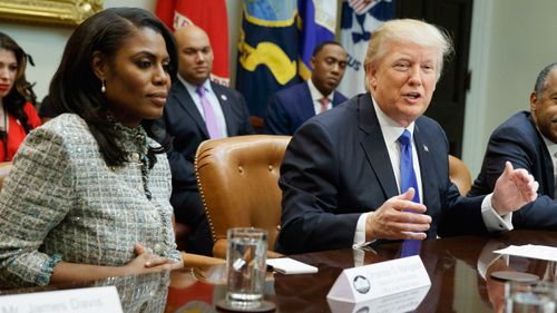 Omarosa Manigault-Newman and Donald Trump in the Roosevelt Room of the White House earlier this year. (AP)
