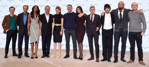 James Bond returns: (L to R) Andrew Scott, Ralph Fiennes, Naomie Harris, director Sam Mendes, Lea Seydoux, Daniel Craig, Monica Bellucci, Christoph Waltz, Ben Whishaw, Dave Bautista and Rory Kinnear. (Getty)