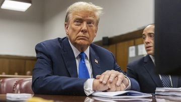 Former US President Donald Trump awaits the start of proceedings during jury selection at Manhattan criminal court, Thursday, April 18, 2024 in New York 