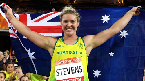 Stevens won with a new Games record of 68.26m. (AAP)