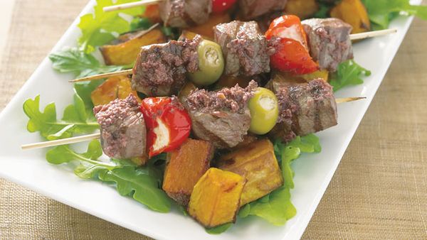 Lamb skewers with olive tapenade