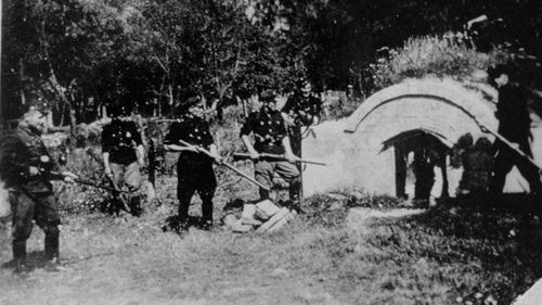 A handout image released by the United States Holocaust Memorial Museum shows Ukrainian auxiliaries with the Schutzstaffel (SS) Galician Division on an A handout image released by the United States Holocaust Memorial Museum shows Ukrainian auxiliaries and SS troops in the Lublin area of German-occuped Poland. Jewish people were systematically rounded up during World War II.