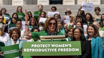 House Speaker Nancy Pelosi of Calif., accompanied by female House Democrats, speaks at an event ahead of a House vote on the Women&#x27;s Health Protection Act and the Ensuring Women&#x27;s Right to Reproductive Freedom Act at the Capitol in Washington, Friday, July 15, 2022. (AP Photo/Andrew Harnik)