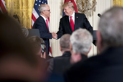 President Donald Trump and Australian Prime Minister Malcolm Turnbull shake hands during a joint news conference in the East Room of the White House in Washington, Friday, Feb. 23, 2018. (AP Photo/Andrew Harnik)
