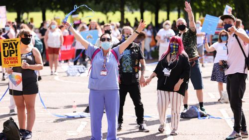 Nurses and other frontline NHS workers stage a protest Glasgow Green after being left out of a public sector pay rise on August 08, 2020 in Glasgow, United Kingdom