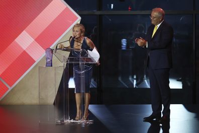 2021 Australian of the Year Grace Tame and Prime Minister Scott Morrison during the 2021 Australian of the Year Awards 