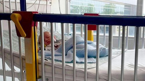 A baby in hospital with respiratory syncytial virus, also known as RSV.
