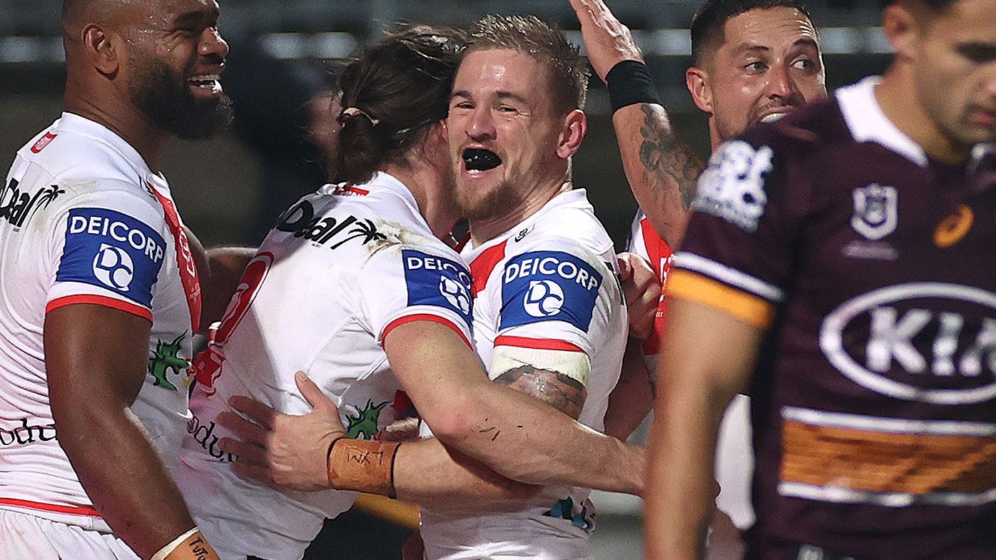 Matthew Dufty of the Dragons celebrates after scoring a try during the round 13 NRL match between the St George Illawarra Dragons and the Brisbane Broncos at Netstrata Jubilee Stadium on June 03, 2021, in Sydney, Australia. (Photo by Cameron Spencer/Getty Images)
