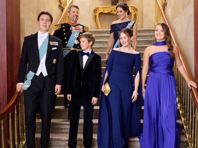Crown Prince Frederik and Crown Princess Mary with their children Prince Christian, Princess Isabella, Princess Josephine and Prince Vincent on Sunday October 15 2023 inside Frederik VIII's Palace at Amalienborg in Copenhagen.