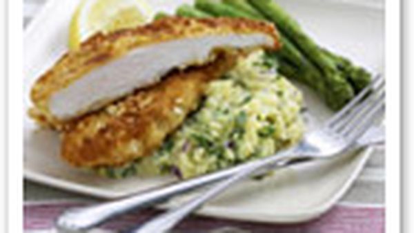 Almond-crumbed chicken with crushed kipflers