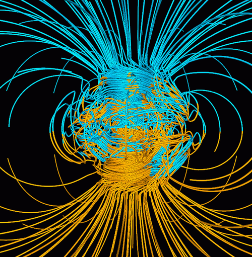 A computer simulation shows the Earth's magnetic field, which is generated by heat transfer in the Earth's core.