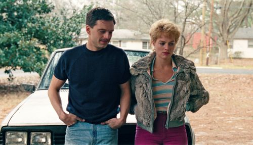 Sebastian Stan as Jeff Gillooly, left, and Robbie as Tonya Harding in a scene from I, Tonya. (AAP)